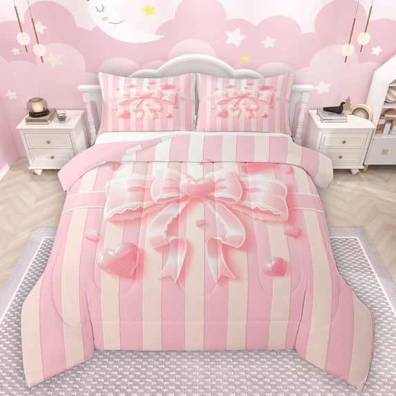 Manfei Cute Bow Girl Bedding Comforter Set 2pcs,Pink Geometric Stripes Twin Comforter Sets Microfiber,Kawaii Ribbon Bow Knot Breathable Bedding Set,Luxury Bedroom Decor,Reversible