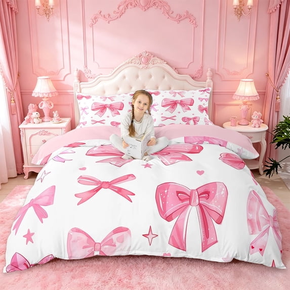 Manfei Cute Bow Heart Duvet Cover Set For Kids,Pink Coquette Bow Print Bedding Full For Girls,Pink Reversible,3-Piece(No Comforter)