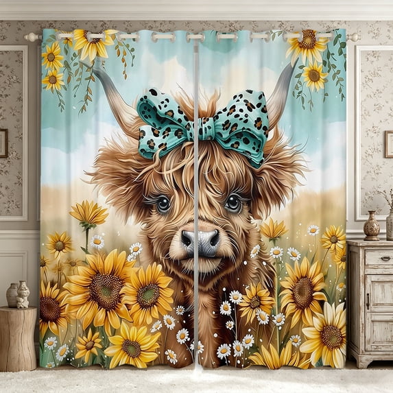 Manfei Cute Bow Highland Cattle Kitchen Curtains,Floral Sunflowers Black Out Curtains Pack of 2 (42x63 Each),Brown Teal Yellow