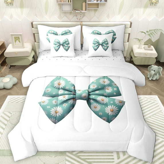 Manfei Cute Bow Knot 7-Piece Bedding Comforter Set,Cartoon Daisy Print King Bedding Sets,Cyan White Bed Sheets For Girls Teens,Luxury Bedroom Decor Reversible