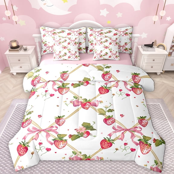 Manfei Cute Bow Knot 7-Piece Twin Bedding Sets,Sweet Strawberry Bedding Comforter Set,White Red Pink Sheet Sets For Girl Teens,Ultra Soft Home Decor Reversible