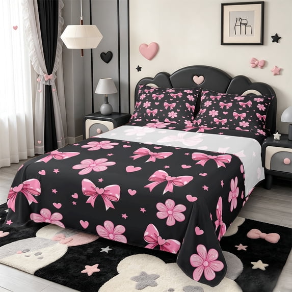 Manfei Cute Bow Knot Bed Sheets,Pink Cherry Blossom Full Size Sheets,4-Piece,1 Flat Sheet,1 Fitted Sheet and 2 Pillowcases
