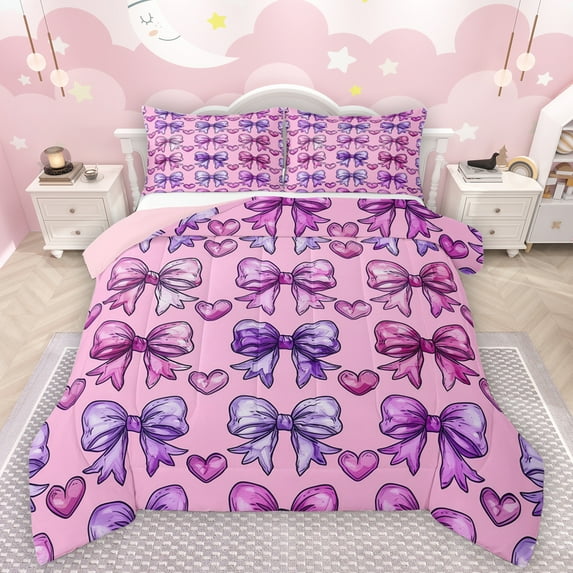Manfei Cute Bow Knot Full Size Comforter Sets,Cartoon Bowtie Print Bedding Comforter Set,Pink Purple Bedding Sets For Girls Teens,Luxury Bedroom Decor Reversible,3pcs