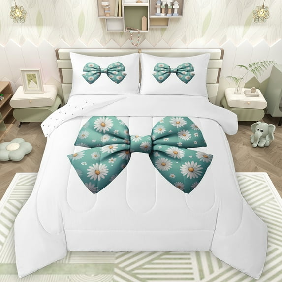 Manfei Cute Bow Knot Full Size Comforter Sets,Cartoon Daisy Print Bedding Comforter Set,Cyan White Bedding Sets For Girls Teens,Luxury Bedroom Decor Reversible,3 Pieces