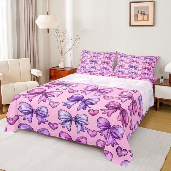 Manfei Cute Bow Knot Twin Sheet Sets,Cartoon Bowtie Print Twin Fitted Sheet,Pink Purple Flat Sheet For Girls Teens,Luxury Bedroom Decor,3 Pieces