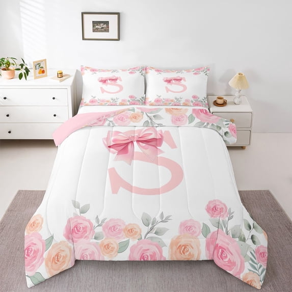 Manfei Cute Bow Monogram S Queen Comforter Set,Kawaii Floral Comforter Sets Queen,Pink,Pink Reversible,3pcs,1 Comforter and 2 Pillowcases
