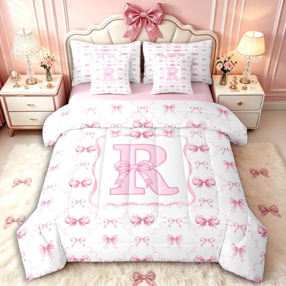 Manfei Cute Bow R Letter Monogrammed Bedding Comforter Set 7-Piece for Girls Women,Romantic Princess Style Bowknot Plaid King Bedding Sets for Children Teenagers,Pink Reversible,Luxury Bedroom Decor