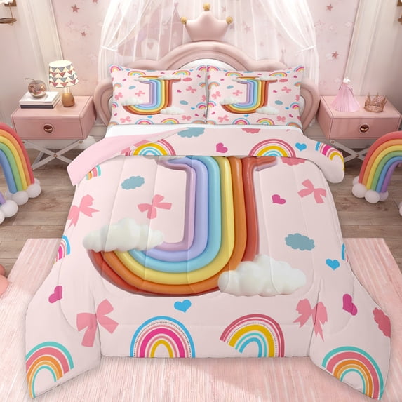 Manfei Cute Bow Ribbon Bedding Comforter Set,3D Rainbow Balloon Twin Comforter Sets,First Letter J Bedding Set For Girls,Super Cozy Room Decor Reversible,2-Piece