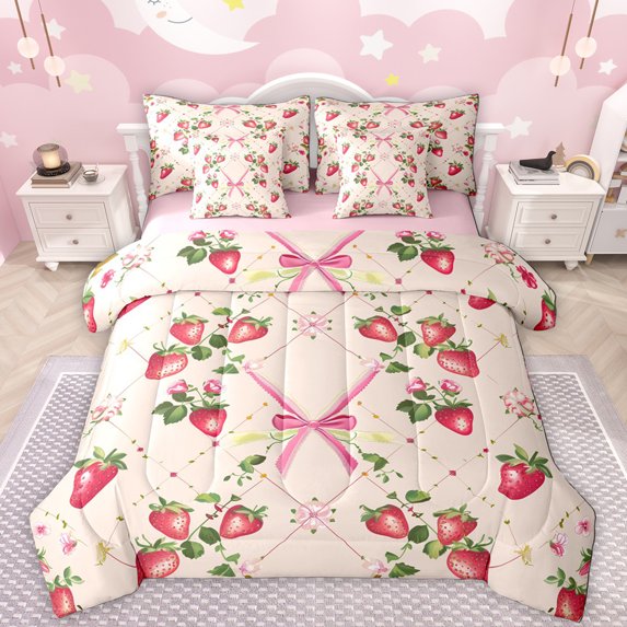 Manfei Cute Bow Tie 7 Pieces Bedding Comforter Set,Sweet Fruit Strawberry Full Bedding Set,Pink Red Fitted Sheet Flat Sheet For Girl Teens,Ultra Soft Home Decor Reversible
