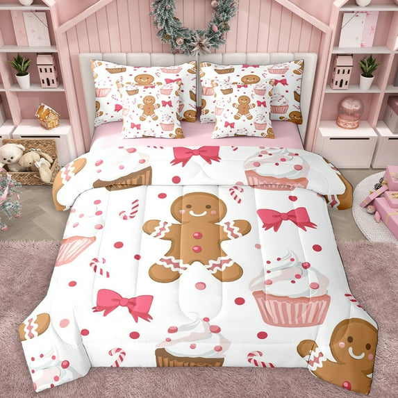 Manfei Cute Bow Tie 7pcs Bedding Comforter Set,Brown Gingerbread Man Queen Bedding Sets,Sweet Cake Dessert Queen Sheet Sets For Teens,Super Cozy Room Decor Reversible