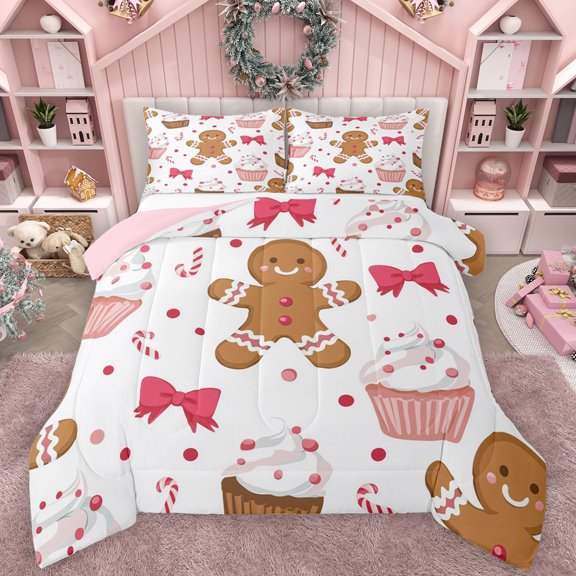 Manfei Cute Bow Tie Bedding Comforter Set,Brown Gingerbread Man Twin Comforter Sets,Sweet Cake Dessert Bedding Set For Teens,Super Cozy Room Decor Reversible,2-Piece