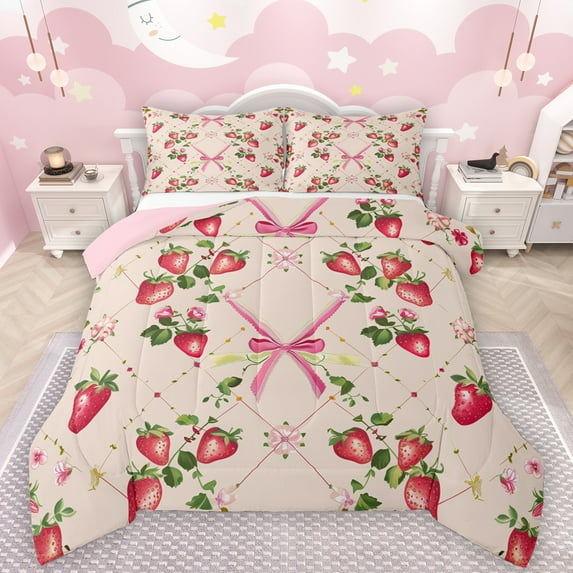 Manfei Cute Bow Tie Bedding Comforter Set,Sweet Fruit Strawberry Twin Comforter Sets,Pink Red Bedding Set For Girl Teens,Ultra Soft Home Decor Reversible,2-Piece