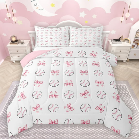 Manfei Cute Bow Tie Full Size Comforter Sets,Baseball Sport Game Bedding Comforter Set,Ball Gamer Bedding Sets For Girls Teens,Luxury Bedroom Decor Reversible,3-Piece
