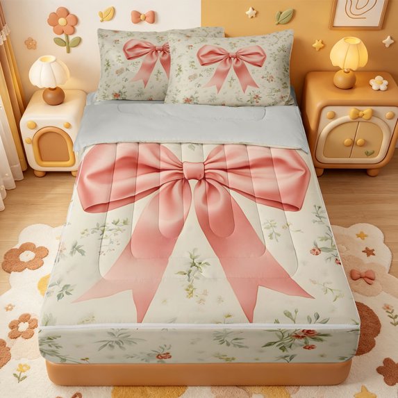 Manfei Cute Bow Zipper Twin Comforter Sets with Fitted Sheet and 2 Pillowcases,Rustic Plant Flower Zipper Bedding Set,Light Gray Reversible,4pcs