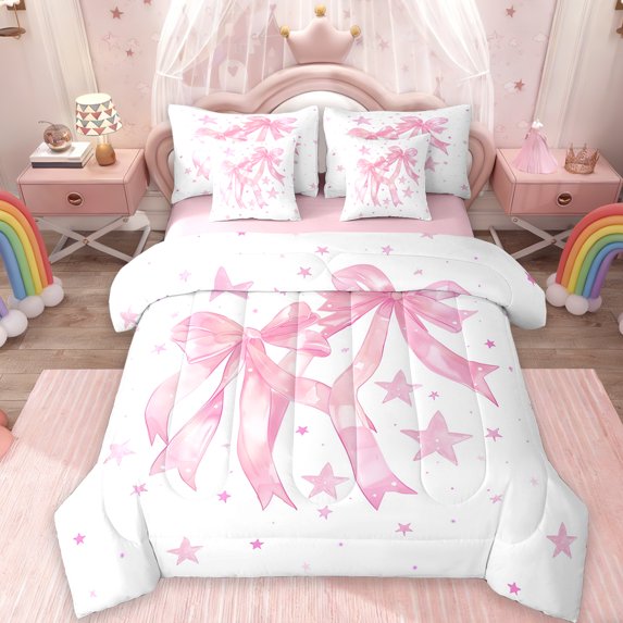 Manfei Cute Bowknot 7-Piece Bedding Comforter Set,Kawaii Bowtie Bow King Bedding Sets,Pink Cartoon Star Bed Sheets For Girl,Breathable Home Decor Reversible