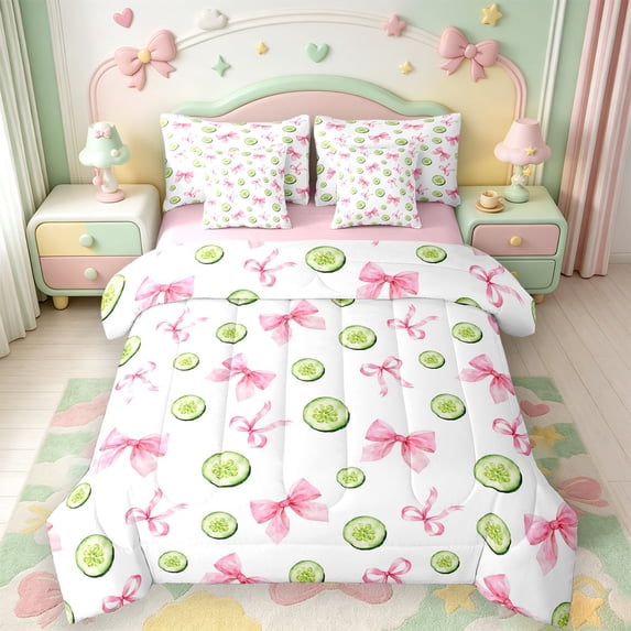 Manfei Cute Bowknot 7-Piece King Bedding,Pink Girly Bowtie King Bed in a Bag,Pink Reversible