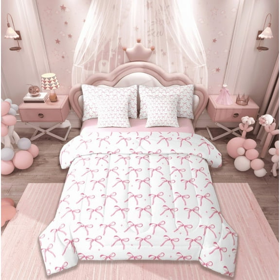 Manfei Cute Bowknot Bed in a Bag Twin Size,Bowtie Bowknot Bed Set,Pink White Bow Bedding Twin Size For Girl,Super Cozy Room Decoration Reversible,7 Pieces