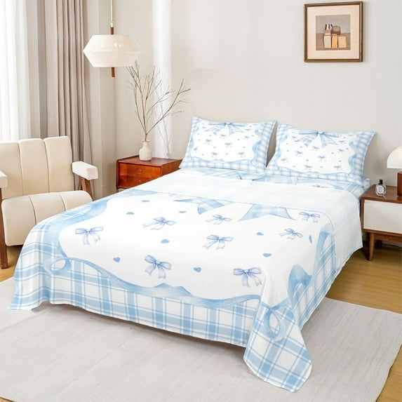 Manfei Cute Bowknot Bed Sheets Full,Geometric Plaid Bedding Sets Full Size,Blue White Bow Sheet Set Full For Girl,Super Cozy Room Decoration,4-Piece