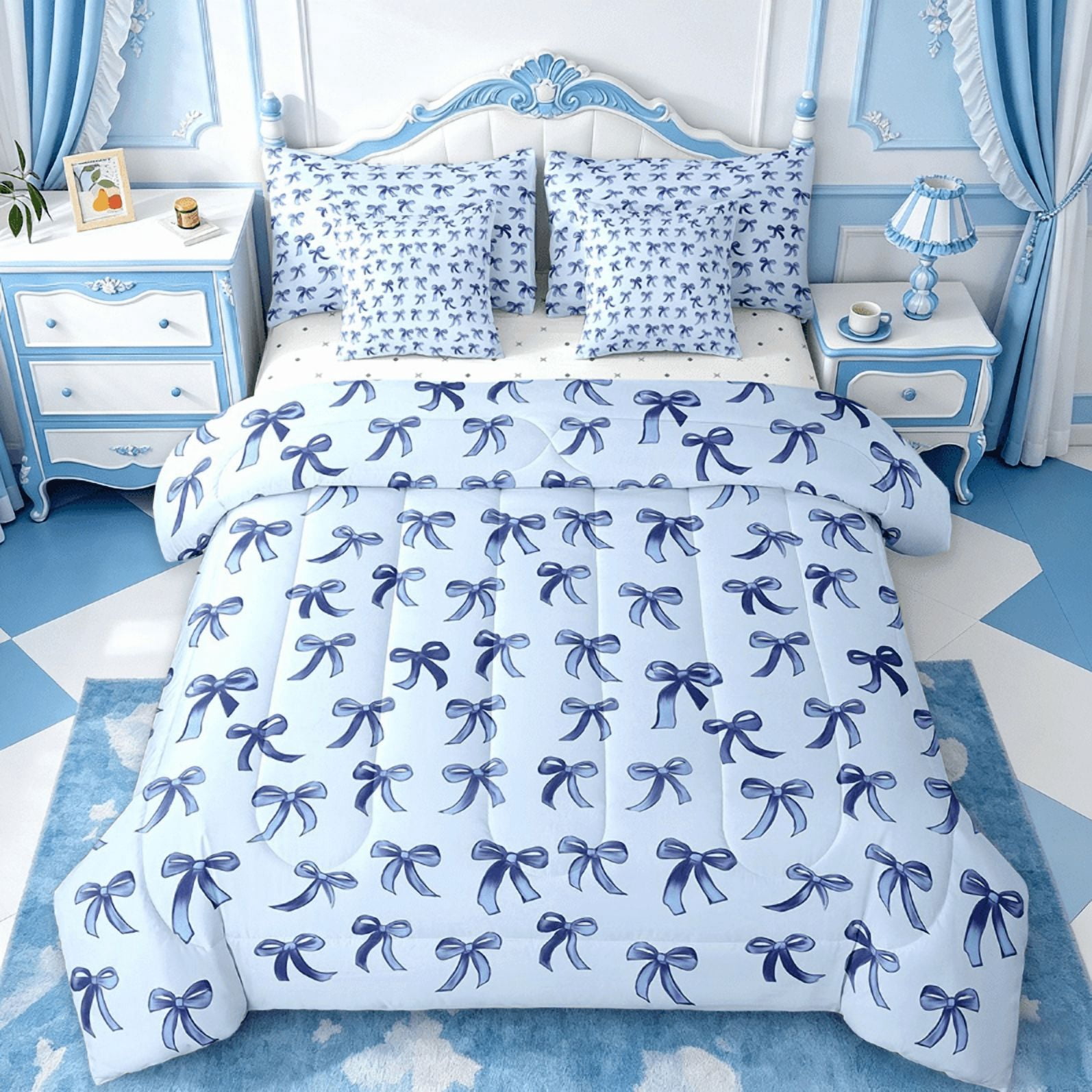 Manfei Cute Bowknot Bedding Comforter Set 7 Pieces,Girls Ribbon Bow Full Bedding Set,Dreamy Blue Fitted Sheet Flat Sheet For Girls,Super Cozy Bedroom Decor,Reversible