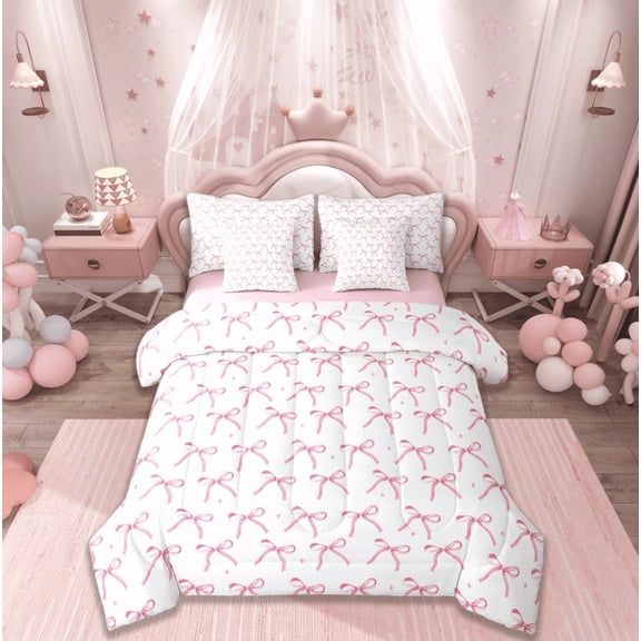 Manfei Cute Bowknot Bedding Sets Queen Size,Bowtie Bowknot Comforter Sets with Sheets,Pink White Bow Bed in a Bag Queen Size For Girl,Super Cozy Room Decoration Reversible,7-Piece
