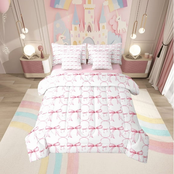 Manfei Cute Bowknot Bedding Sets Twin Size,Girls Ribbon Bow Comforter Sets with Sheets,Pink White Bed in a Bag Twin Size For Girl,Breathable Bedroom Decor Reversible,7-Piece