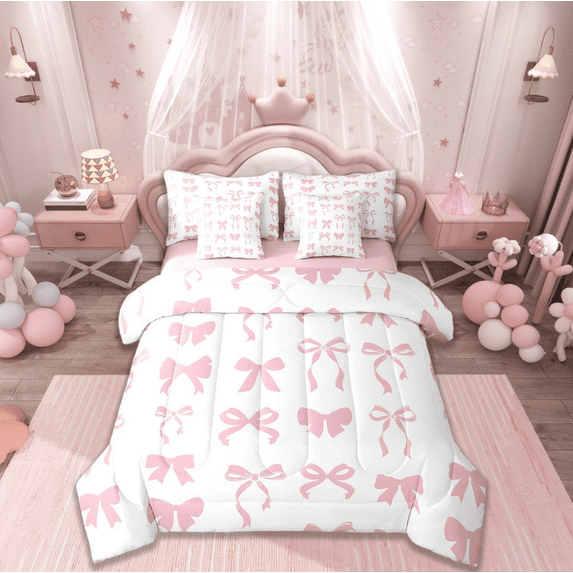 Manfei Cute Bowknot Bedding Twin Size,Ribbon Bow Comforter Sets with Sheets,Pink White Bedding Sets Twin Size For Girls,Super Cozy Bedroom Decor Reversible,7pcs