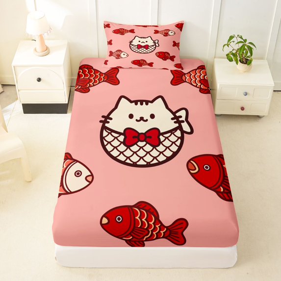 Manfei Cute Bowknot Cat Twin Fitted Sheet, Cartoon Fish Bedding, Pink Red, 2-Piece, 1 Fitted Sheet and 1 Pillowcase