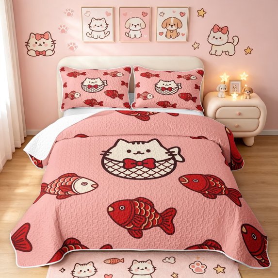 Manfei Cute Bowknot Cat Twin Quilt Set, Cartoon Fish Twin Coverlet Set, Pink Red, 2-Piece, 1 Bedspread and 1 Pillowcase
