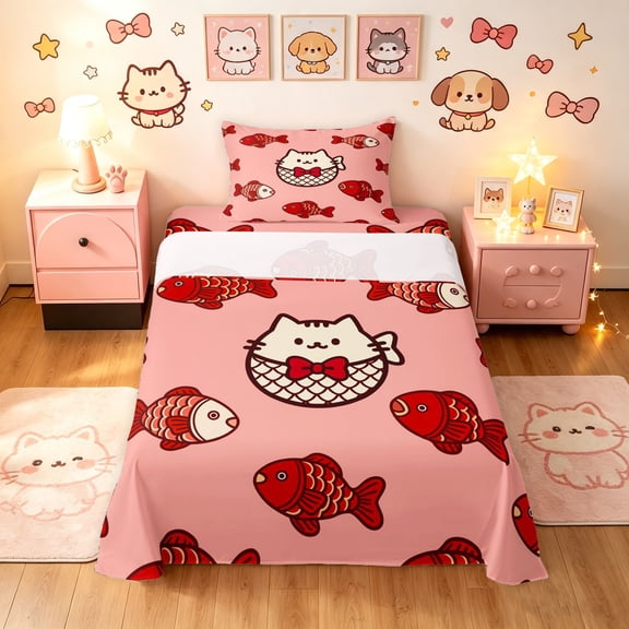 Manfei Cute Bowknot Cat Twin Sheets, Cartoon Fish Bedding, Pink Red, 3-Piece, 1 Flat Sheet, 1 Fitted Sheet and 1 Pillowcase