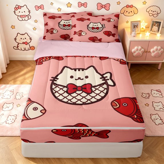 Manfei Cute Bowknot Cat Zipper Twin Comforter Sets with Fitted Sheet and 2 Pillowcases, Cartoon Fish Zipper Bedding Set, Pink Red, Pink Reversible, 4-Piece