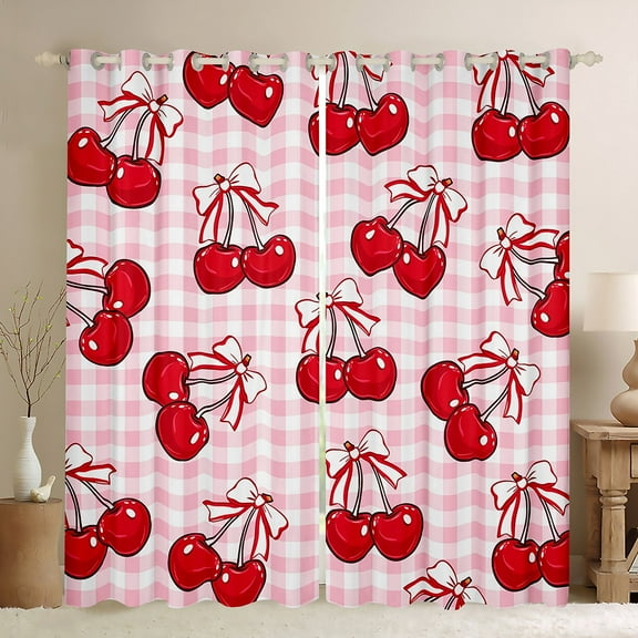 Homewish Cute Bowknot Cherry Black Out Curtains, Girly Pink Buffalo Plaid Curtains Pack of 2 (42x63 Each), Princess Bow Cartoon Bedroom Curtains, Curtains and Drapes Decor