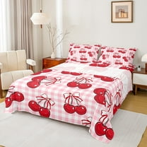 Manfei Cute Bowknot Cherry Twin Sheet Sets, Girly Pink Buffalo Plaid Twin Fitted Sheet, Princess Bow Cartoon Flat Sheet, Luxury Bedroom Decor, 3 Pieces