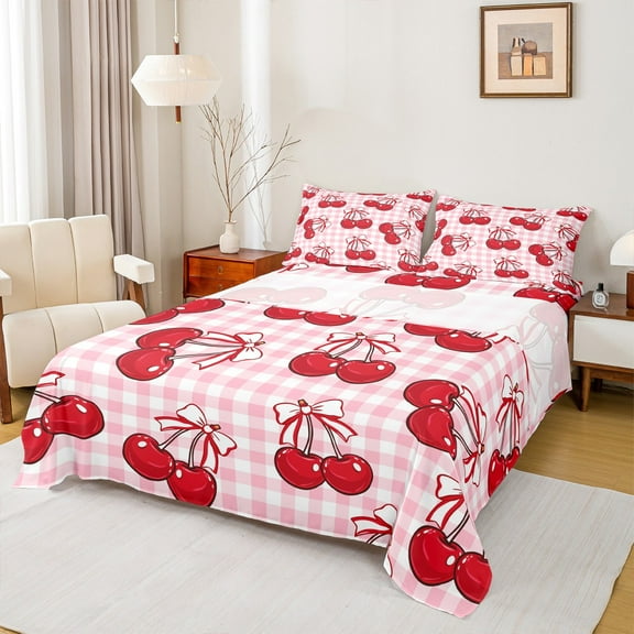 Manfei Cute Bowknot Cherry Twin Sheet Sets, Girly Pink Buffalo Plaid Twin Fitted Sheet, Princess Bow Cartoon Flat Sheet, Luxury Bedroom Decor, 3 Pieces