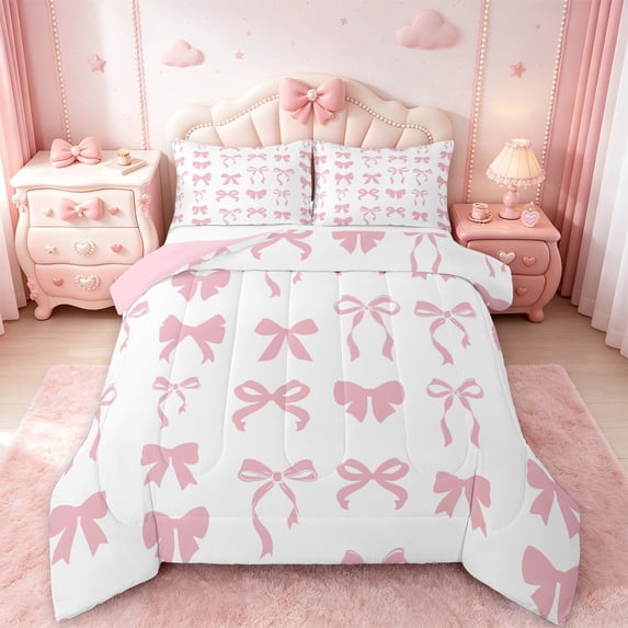 Manfei Cute Bowknot Comforter Sets Full Size,Ribbon Bow Comforters & Duvets,Pink White Bedding Full Comforter Set For Girls,Super Cozy Bedroom Decor Reversible,3-Piece