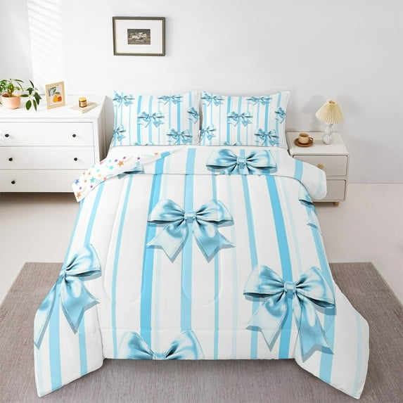 Manfei Cute Bowknot Comforter Sets Twin Size,Geometric Stripes Comforters & Duvets,Blue White Bedding Twin Comforter Set,Super Cozy Room Decor Reversible,2-Piece