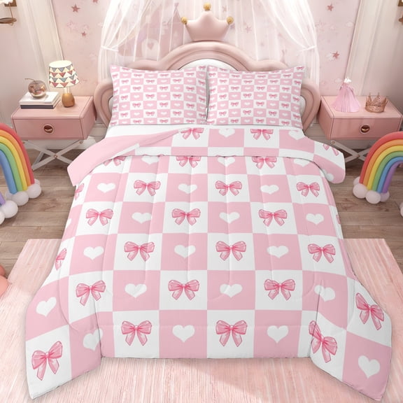 Manfei Cute Bowknot Full Size Comforter Sets,Kawaii Bowtie Bow Bedding Comforter Set,Pink White Heart Pattern Bedding Sets For Girl,Breathable Home Decor Reversible,3 Pieces