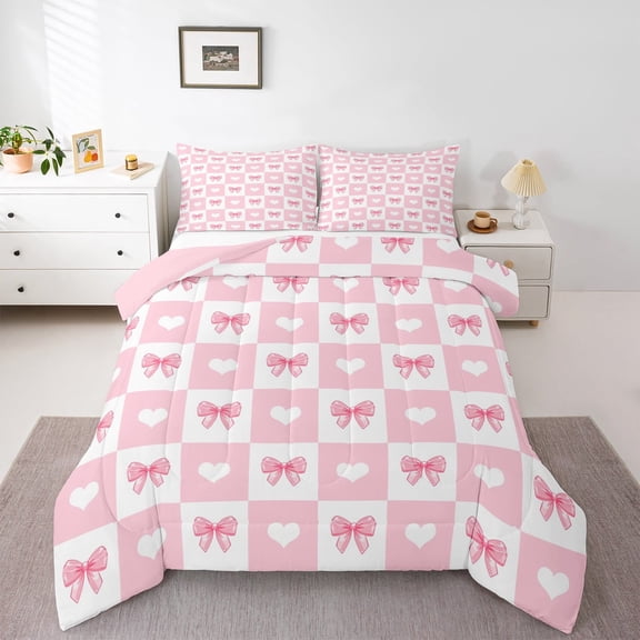 Manfei Cute Bowknot Full Size Comforter Sets,Kawaii Bowtie Bow Bedding Comforter Set,Pink White Heart Pattern Bedding Sets For Girl,Breathable Home Decor Reversible,3 Pieces