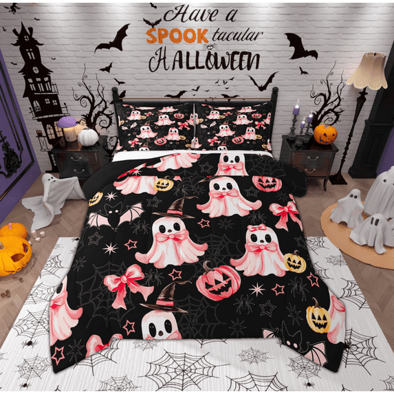 Manfei Cute Bowknot Ghost Full Size Comforter Sets for Teen, Kawaii Halloween Pumpkin Bedding Comforter Set, Gothic Spider Web Reversible Bedding Sets, Breathable Home Decor, 3 Pieces