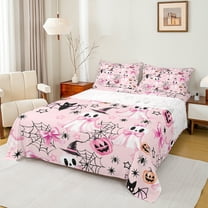 Manfei Cute Bowknot Ghost Twin Sheet Sets for Teen, Kawaii Halloween Pumpkin Twin Fitted Sheet, Gothic Spider Web Flat Sheet, Super Cozy Room Decor, 3 Pieces