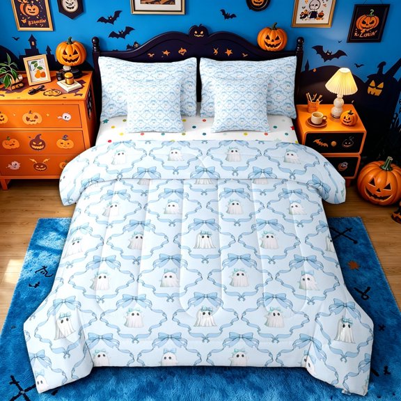 Manfei Cute Bowknot Halloween Ghost Twin Bedding for Kids, Blue Cartoon Ribbon Bedding Comforter Set, Polka Dot Reversible, 7pcs