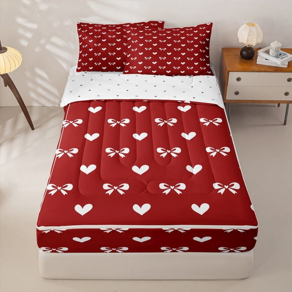 Manfei Cute Bowknot Heart Zipper Twin Comforter Sets with Fitted Sheet and 2 Pillowcases For Kids,Red White Coquette Pattern Zipper Bedding Set For Girls,Reversible,4-Piece