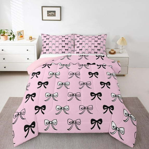 Manfei Cute Bowknot King Size Comforter Sets,Kawaii Bowtie Bow Bedding Comforter Set,Pink Black Gray Bedding Set For Girl,Breathable Home Decor Reversible,3 Pieces