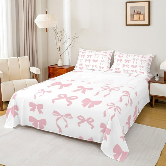 Manfei Cute Bowknot Sheet Set Full,Ribbon Bow Bedding Sets Full Size,Pink White Full Sheet Sets For Girls,Super Cozy Bedroom Decor,4pcs