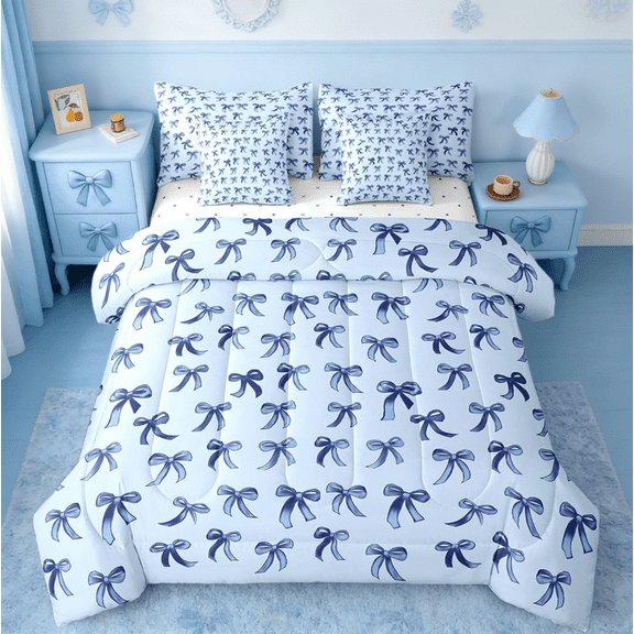 Manfei Cute Bowknot Twin Bedding Sets 7-Piece,Girls Ribbon Bow Bedding Comforter Set,Dreamy Blue Sheet Sets For Girls,Super Cozy Bedroom Decor,Reversible