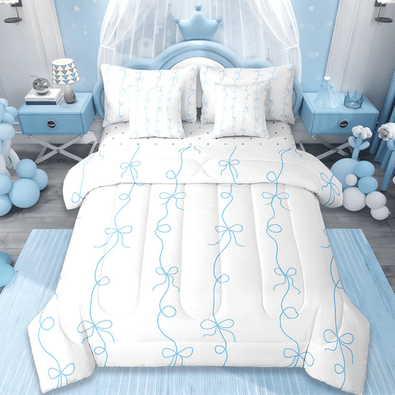 Manfei Cute Bowknot Twin Bedding Sets 7-Piece,Ribbon Bow Bedding Comforter Set 7-Piece,Blue White Sheet Sets For Girls,Breathable Room Decor Reversible