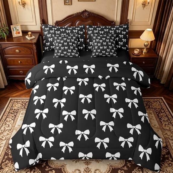 Manfei Cute Bowtie 7pcs Queen Bedding,Ribbon Bow Bedding Comforter Set Queen,Black Reversible