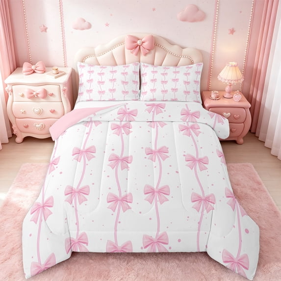 Manfei Cute Bowtie Bow Queen Comforter Set,Kawaii Polka Dots Bedding Sets,Pink Bowknot Ribbon Bedding Comforter Set For Girls Kids,Microfiber Bedroom Decor Reversible,3pcs