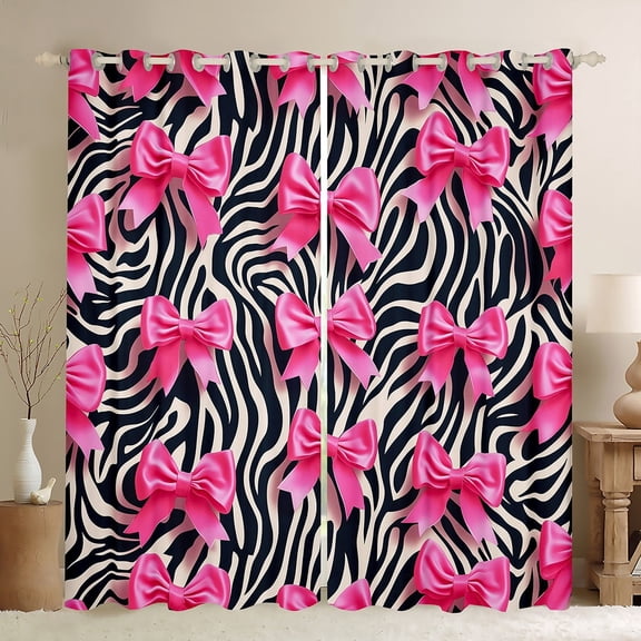 Manfei Cute Bowtie Bowknot Black Out Curtains,Zoo Animal Zebra Curtains Pack of 2 (42x63 Each),Pink Bow Bedroom Curtains,Breathable Bedroom Decoration