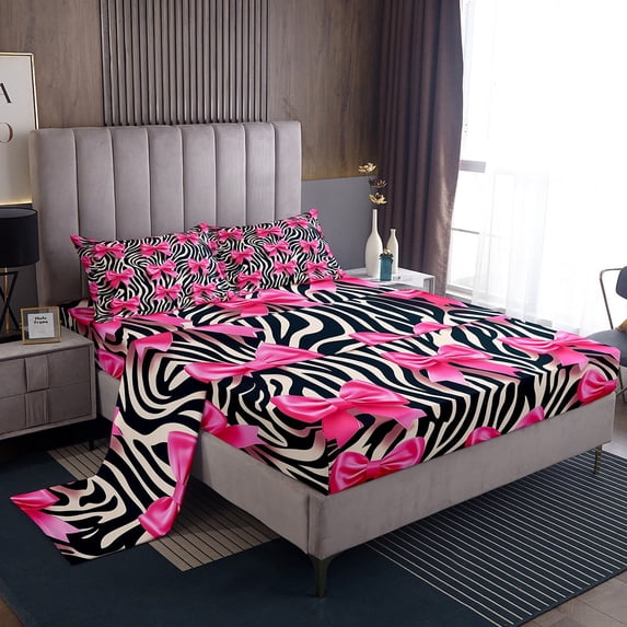 Manfei Cute Bowtie Bowknot Full Size Sheets,Zoo Animal Zebra Bed Sheets,Pink Bow Sheet Sets,Breathable Bedroom Decoration,4-Piece