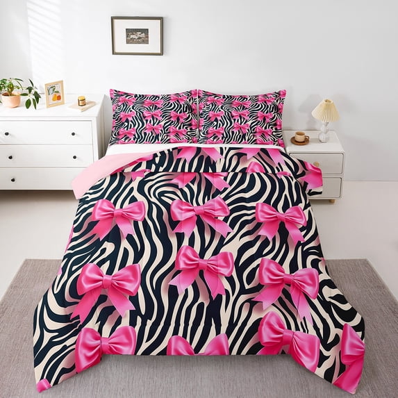 Manfei Cute Bowtie Bowknot King Size Comforter Sets,Zoo Animal Zebra Bedding Comforter Set,Pink Bow Bedding Set,Breathable Bedroom Decoration Reversible,3pcs